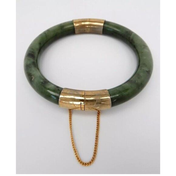 Vintage Green Jade Jadite Bracelet Hinged Bangle W Gold...